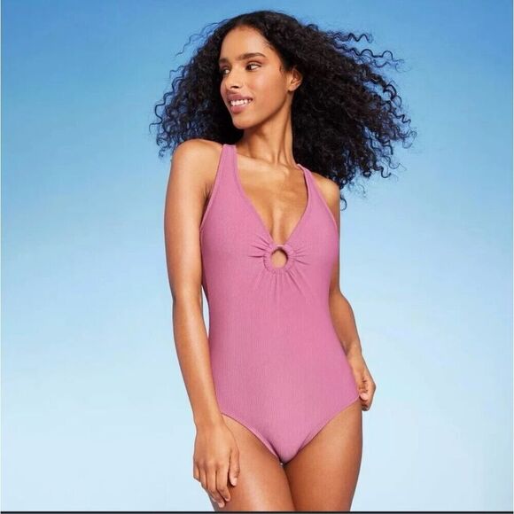 Shade and Shore Pink Ribbed Ring Front One Piece Swimsuit Size Large - Picture 1 of 4
